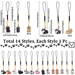 14Pcs Cat Shape Alloy Glass Mobile Straps&nbsp;HJEW-SC00128