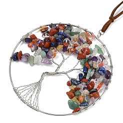 Brass & Chakra Natural Gemstone Chips Pendant Decorations&nbsp;HJEW-Z007-03P