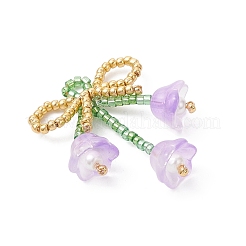 ガラスシードビーズの蝶結びと花のペンダント  スミレ  38x27x12mm  穴：3x2.5mm&nbsp;PALLOY-MZ01129-05