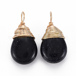 合成ブルーゴールドストーン青金砂石ペンダント  ゴールデン真鍮パーツ  ティアドロップ  24~26x13x8mm  穴：4~5x2~3mm&nbsp;G-S359-294F
