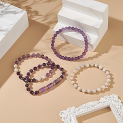4Pcs 4 Style Natural Amethyst & White Crazy Agate & Brass Beaded Stretch Bracelets Set&nbsp;BJEW-JB08998