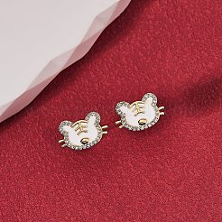 タイガーチャイニーズゾディアックキュービックジルコニアスタッドピアス  女性のための真鍮のイヤリング  ゴールドカラー  9x15mm  ピン：0.7mm&nbsp;EJEW-SZ0001-75