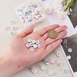 100個の手作りポリマークレイビーズ  星/ハート/月/花柄のフラットラウンド  ホワイト  10x44mm  穴：1.6mm&nbsp;CLAY-CJ0001-54