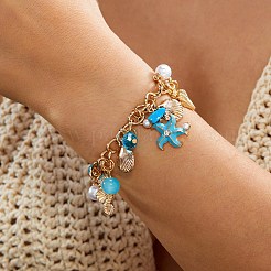 Ocean Alloy Enamel Starfish Shell Shape Multi Charm Round Plastic Beaded Stretch Bracelets for Women&nbsp;WG120C7-02