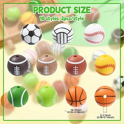 20個10スタイルのスポーツテーマ食品グレードの環境に優しいシリコンフォーカルビーズ  ミックスカラー  14.5~15x14~15mm  穴：2~2.5mm  2個/スタイル&nbsp;SIL-CJ0001-13
