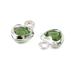 ハート真鍮ガラスチャーム  カドミウムフリー＆鉛フリー  ラックめっき  長持ちメッキ  多面カット  銀  黄緑  7.5x5.5x2mm  穴：1mm&nbsp;KK-S385-01S-02