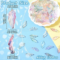 焼き絵の具で着色した透明ガラスペンダント 100個  葉  ツートン  桃パフ  26~26.5x9~9.5x6.5~7.5mm  穴：1.2~1.5mm&nbsp;GLAA-YW0004-81A