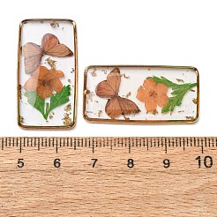 真鍮、透明エポキシ樹脂、ドライフラワーのペンダント  花と蝶の模様のチャームが付いた長方形  スパンコール入り  ミックスカラー  32.5x17.5x3.5mm  穴：1.2mm&nbsp;RESI-G133-01G