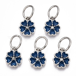 エナメル風の花の合金ラインストーンチャーム  鉄パーツ  アンティークシルバー  ミッドナイトブルー  13.5x11x3mm  穴：6mm&nbsp;X-ENAM-S085-02