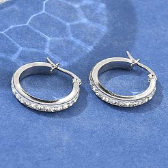 304ステンレススチールフープピアス  ポリマークレイとラインストーン付き  リング  ステンレス鋼色  クリスタル  22x21x3.5mm  ピン：1x0.8mm&nbsp;LS-EJEW-N0031-11P