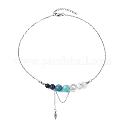 Natural Apatite & Lapis Lazuli & Lava Rock & Quartz Crystal Round Graduated Beaded Pendant 304 Stainless Steel Cable Chain Necklaces for Women&nbsp;NJEW-TA00242-02