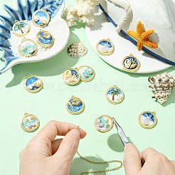 14個7スタイル亜鉛合金エナメルペンダント  ABSプラスチックイミテーションパールとシェル付き  フラットラウンド  ミックスカラー  27.5~28x24~24.5x5~9.5mm  穴：1.8mm  2個/スタイル&nbsp;FIND-CJ0004-63