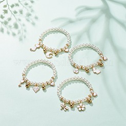 ABS Plastic Imitation Pearl Beaded Stretch Bracelet with Alloy Enamel Charms for Kids&nbsp;BJEW-JB08524
