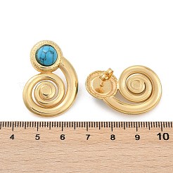 女性用スパイラル 304 ステンレススチール 合成ターコイズ スタッド イヤリング  イオンプレーティング（ip）  18KGP本金メッキ  32x23.5mm&nbsp;EJEW-U046-13G
