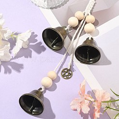 鉄のベルと合金のフラットラウンド型、星模様のチャーム付き吊り下げ飾り  家のドアの壁の装飾用の木製の丸いビーズと綿のコード  アンティークブロンズ  290mm&nbsp;HJEW-JM02470