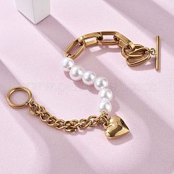 304ステンレススチールケーブル＆キューバンチェーンチャームブレスレット（女性用）  ハート  プラスチック製の模造パールビーズ付き  18KGP本金メッキ  7-7/8インチ（20cm）&nbsp;BJEW-C089-01G