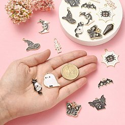 20個10スタイルアロイエナメルペンダント  頭蓋骨と骸骨のあるコウモリと猫の本  ハロウィン用  ライトゴールド  ブラック  20.5~27x10~27x1~3.5mm  穴：1.2~2mm  2個/スタイル&nbsp;ENAM-CJ0004-33