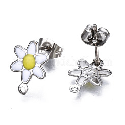 304ステンレススチールエナメルスタッドピアス金具  ピアスキャッチとカン付き  花  ホワイト  12.5x9mm  穴：1mm  ピン：0.8mm&nbsp;STAS-T052-43P-07