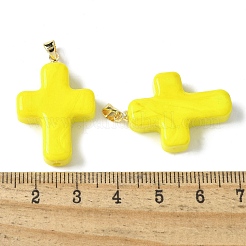 真鍮のペンダントが付いた手作りのランプワーク  クロス  きいろ  29.5x19.5x7.5mm  穴：3.5x4.5mm&nbsp;LAMP-I030-01G-09