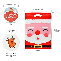 クリスマスをテーマにした長方形のプラスチック製ジッパー付きキャンディ保存袋  粘着紙ステッカーロールと紙印刷ギフトタグ付き  レッド  220x155x0.1mm&nbsp;OPP-FS0001-11