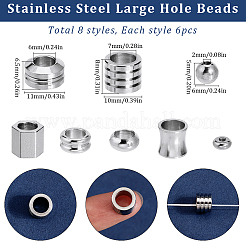 48個 8スタイル 304 & 201 ステンレススチールビーズ  混合図形  ステンレス鋼色  5~11x2~8mm  穴：1.5~7mm  6個/スタイル&nbsp;STAS-SC0009-35