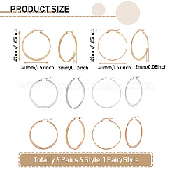 6ペア6スタイル304ステンレススチールフラットビッグフープピアス（女性用）  ミックスカラー  42x40x2~3mm  ピン：1x0.7mm  1ペア/スタイル&nbsp;STAS-TA0001-89