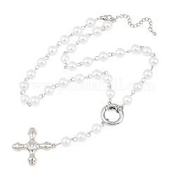 Brass Pave Clear Cubic Zirconia Cross Y Pendant Necklaces with ABS Imitation Pearl Handmade Link Chain&nbsp;NJEW-F364-06P