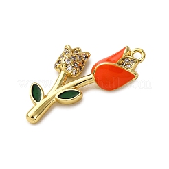真鍮製マイクロパヴェキュービックジルコニアペンダント  花  エナメル  長持ちメッキ  ラックめっき  カドミウムフリー＆鉛フリー  18KGP本金メッキ  オレンジ  25x15.5x4.5mm  穴：1.4mm&nbsp;KK-C119-18B-01