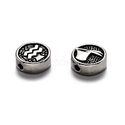 304ステンレススチールビーズ  十二星座とフラットラウンド  アンティークシルバー  水瓶座  10x4mm  穴：1.8mm&nbsp;STAS-J033-01E