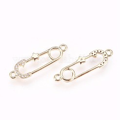 真鍮製コネクター  キュービックジルコニア付き  ニッケルフリー  ブローチ  透明  18KGP本金メッキ  23.5x7x1.5mm  穴：1.2mm&nbsp;LS-KK-P157-57G-NF