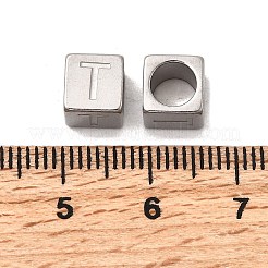 304ステンレススチールヨーロピアンビーズ  大穴ビーズ  文字付きのキューブ  文字t  7x7x7mm  穴：5mm&nbsp;STAS-D382-02T-P