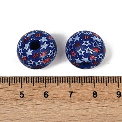 独立記念日テーマ木製ヨーロピアンビーズ  プリントされた大穴ビーズ  ラウンド  ブルー  15.5~6mm  穴：4mm&nbsp;WOOD-Z005-01C-02