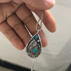Alloy Resin Imitation Turquoise Teardrop with Feather Pendant Necklaces&nbsp;WG61DB0-01