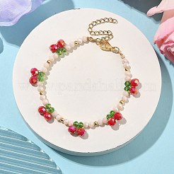 女性と女の子のためのガラスと真鍮のビーズのブレスレット  多面カット  チェリー  ミックスカラー  7-3/8インチ（18.8cm）&nbsp;BJEW-TA00547