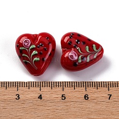 手作りランプワークビーズ  花とハート  暗赤色  18.5x18x8.5mm  穴：2.5mm&nbsp;LAMP-G165-01B