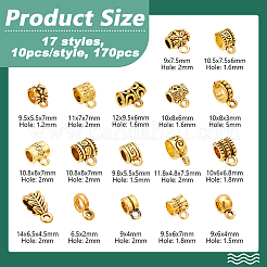 170 個 17 スタイルのチベットスタイル合金チューブベイル  ループベイル  アンティーク黄金  6.5~14x4~9.5x2~8mm  穴：1.2~5mm  内径：3~5.5mm  10個/スタイル&nbsp;FIND-GA0004-70AG