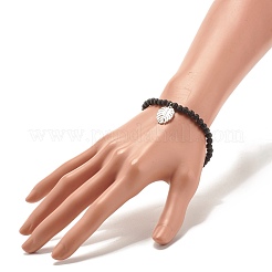 リーフチャーム付きナチュラル溶岩ロックラウンドビーズストレッチブレスレット  女性のためのアクセサリー用原石のアクセサリー  内径：2-1/4インチ（5.6cm）&nbsp;BJEW-JB07587-03