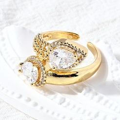 Brass Micro Pave Cubic Zirconia Adjustable Open Cuff Rings&nbsp;RJEW-D313-14G