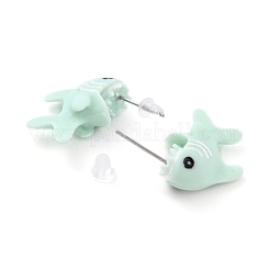 かわいいサメ樹脂スタッドピアス  女性用合金ピン付き動物イヤリング  ターコイズ  22x8x16mm  ピン：0.6mm&nbsp;EJEW-K089-07P