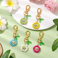 笑顔の花のガラスの種とアクリルのペンダント飾り  鉄製スイベルクラスプ付き  ミックスカラー  59mm&nbsp;HJEW-JM02530