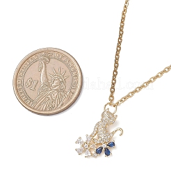 Cat with Flower Brass Pave Blue and Clear Cubic Zirconia Pendant 304 Stainless Steel Cable Chain Necklaces for Women&nbsp;NJEW-JN05715