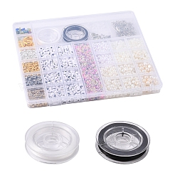 Diyイミテーションパールイヤリングブレスレットネックレスメイキングキット  ラウンド & キューブ & 花 & シェル形プラスチック & アクリル ビーズを含む  葉と星と蝶の合金ペンダント  アイアン製ピアスフック  ミックスカラー&nbsp;DIY-FS0003-15