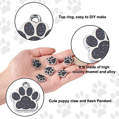合金エナメルチャーム  グリッターパウダー付き  犬の足跡  プラチナ  ブラック  17.7x16.6x2mm  穴：2mm&nbsp;X1-ENAM-TAC0001-05J