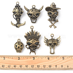 6 個 6 スタイルのハロウィン合金ペンダント  スカル  アンティークブロンズ  24~48x16~33.5x9~14mm  穴：2.5mm  1個/スタイル&nbsp;FIND-FS0001-47