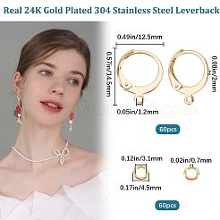 304ステンレススチールフレンチフックピアス金具60個  水平ループ付き  30個の丸カン付き  24KGP本金メッキ  14.5x12.5x2mm  穴：1.2mm&nbsp;DIY-CN0002-54