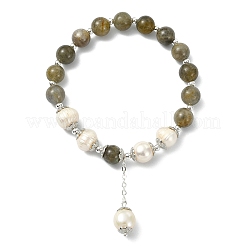 Natural Labradorite & Natural Pearl Bead Charm Bracelets&nbsp;BJEW-JB14141-02