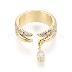 Brass Micro Pave Clear Cubic Zirconia with Teardrop Pendant Cuff Open Rings&nbsp;KK-T080-02G