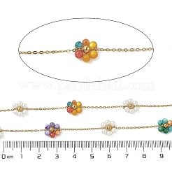 304ステンレススチールアズキチェーン  花  貝パールとABSイミテーションパール付き  イオンプレーティング（ip）  18KGP本金メッキ  ハンダ付け  スプールで  カラフル  8.5x9.5x3.5mm  約32.81フィート（10m）/ロール&nbsp;CHS-K018-24G-06