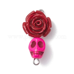 5Pcs 5 Colors Synthetic Coral & Turquoise Dyed Flower Skull Connector Charms&nbsp;PALLOY-JF02783