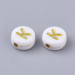 メッキアクリルビーズ  ゴールドライン入り  水平穴  アルファベット付きのフラットラウンド  ホワイト  文字.k  7x3.5mm  穴：1.2mm  約3600個/500g&nbsp;PACR-R242-01K